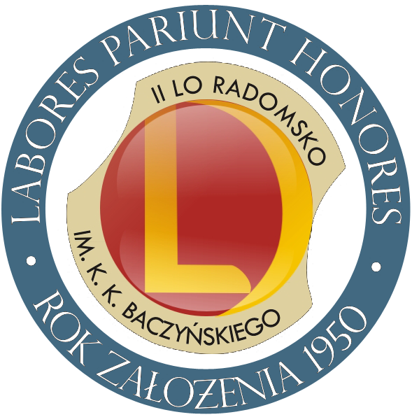 Okrągłe logo szkoły z napisami II Liceum Ogólnokształcące w Radomsku im. K.K.Baczyńskiego